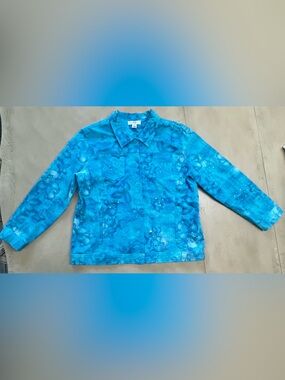 iOS Teal Blue Watercolor Abstract Pattern Button Up Jacket Sequins Size XL